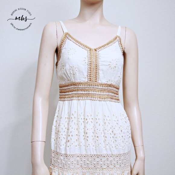 Me 2 Magic Boho Tiered Embroide Spaghetti Straps Lace Eyelets Tassels Midi Dress - Picture 6 of 12